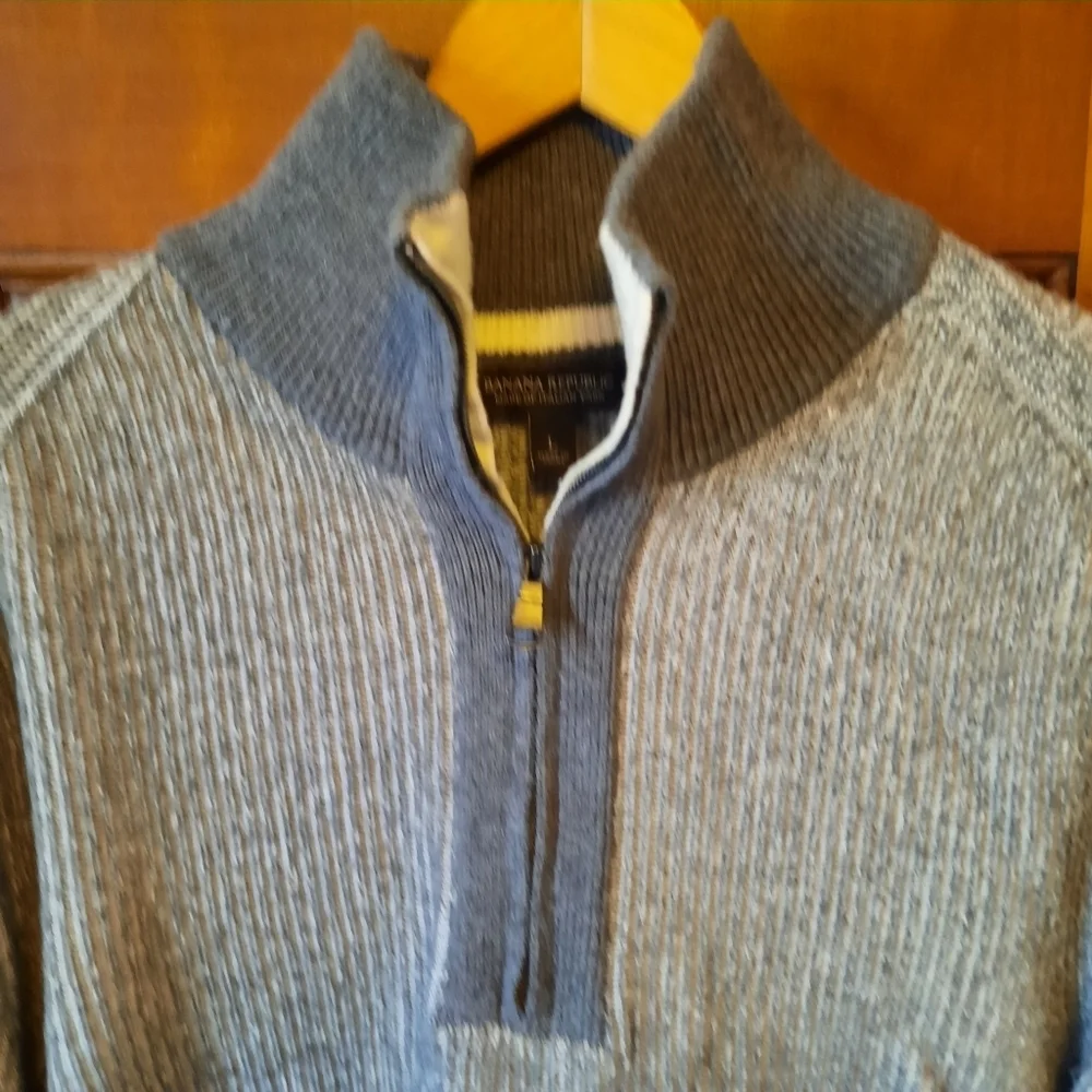 Banana Republic Merino Wool Blend Gray Ribbed Knit Mockneck Zip-Up Sweater
